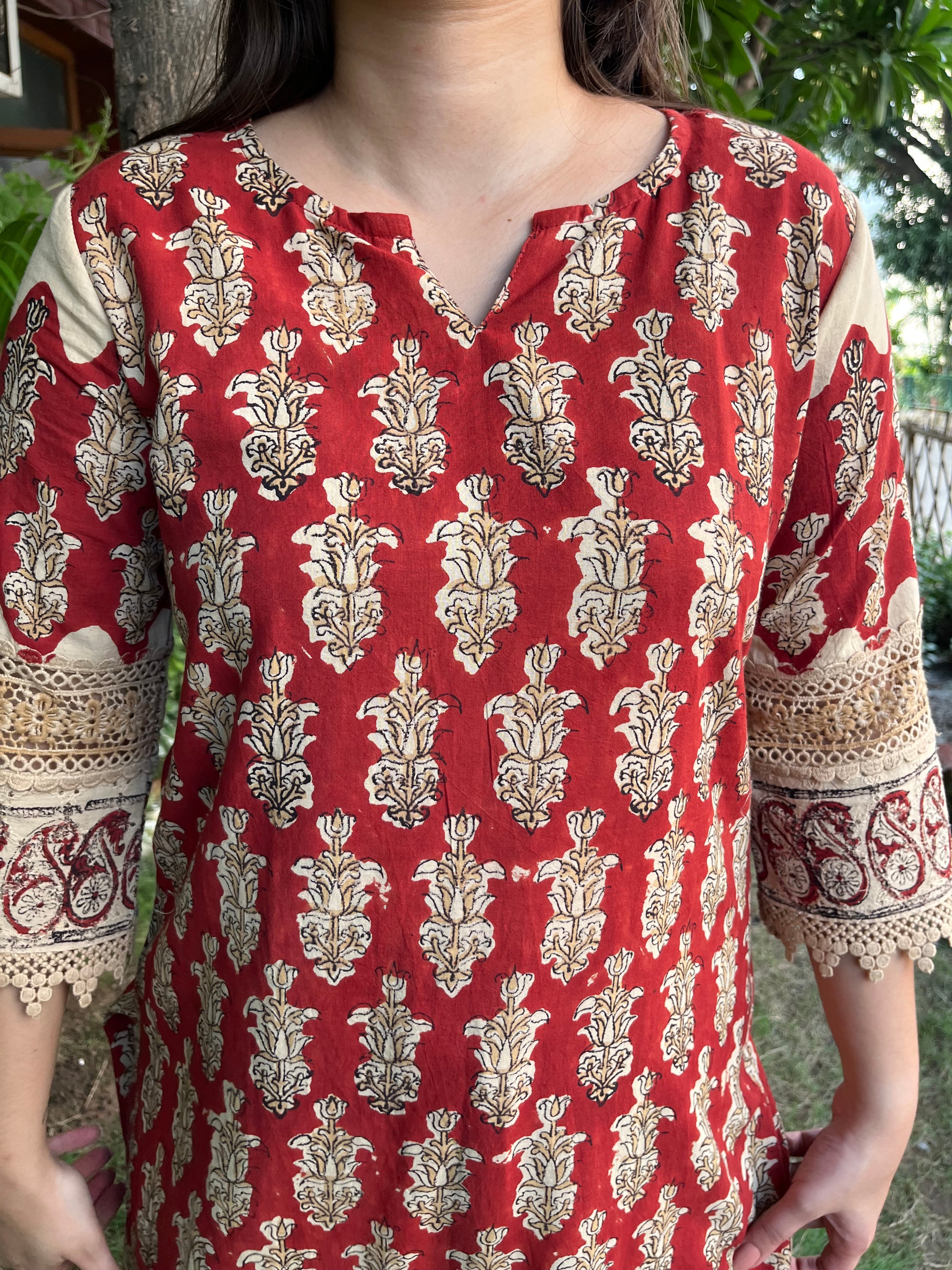 Maroon Bagru lacework kurta - MYSANSKRITAM