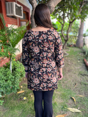 Black Floral kantha yoke kurta - MYSANSKRITAM