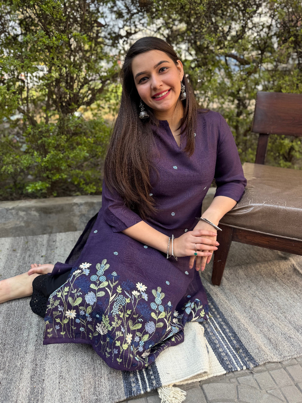 Purple embroidered Linen Kurta by MySanskritam