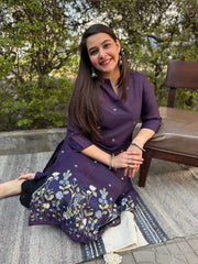 Purple embroidered Linen Kurta by MySanskritam