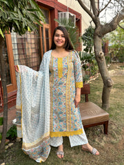 Mustard lace Handblock printed full suit set