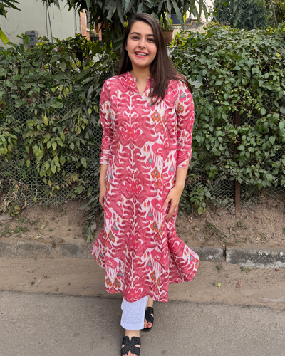 Peach aline Ikkat print kurta
