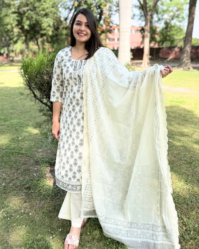 White Grey handblock printed suit set