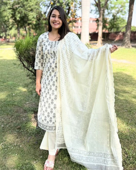 White Grey handblock printed suit set