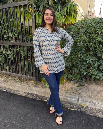 Indigo Zig-Zag Bell Sleaves Short kurti
