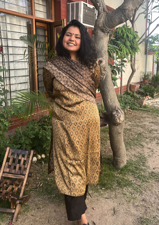Beige Buti Ajrakh Handblock Modal Kurta Duppata set - MYSANSKRITAM