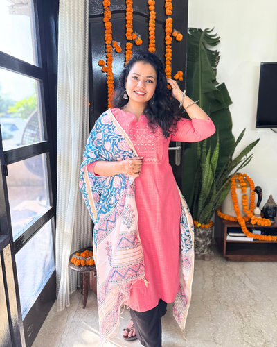 Rose pink embroidered kurta with duppata