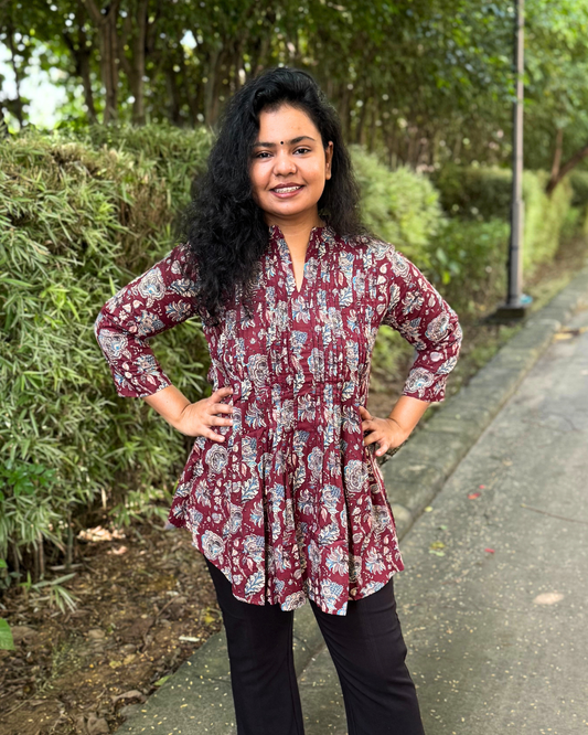 Wine floral Sanganeri pintucks top