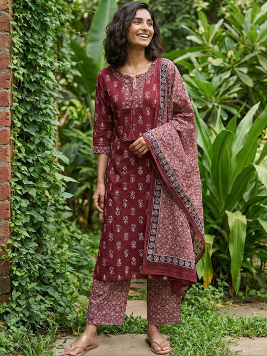 Maroon Ajrakh Cotton Suit Set