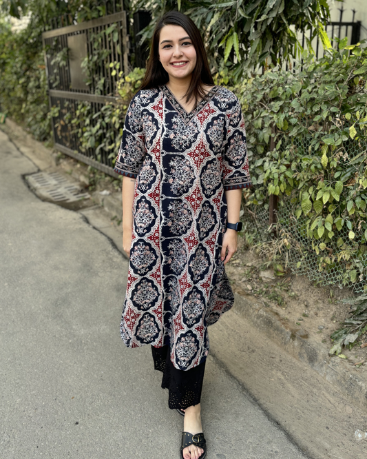 Black ajrakh V neck kurta with pocket