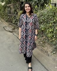 Black ajrakh V neck kurta with pocket
