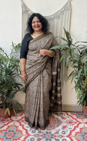 Brown Handblock Chanderi saree - MYSANSKRITAM