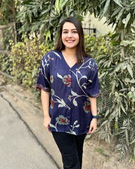 Indigo flower muslin silk Shirt