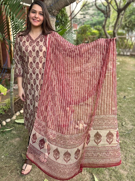 Beige Maroon Ambi Print Suit Set