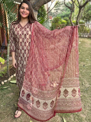 Beige & Maroon Heritage Print Kurta Set