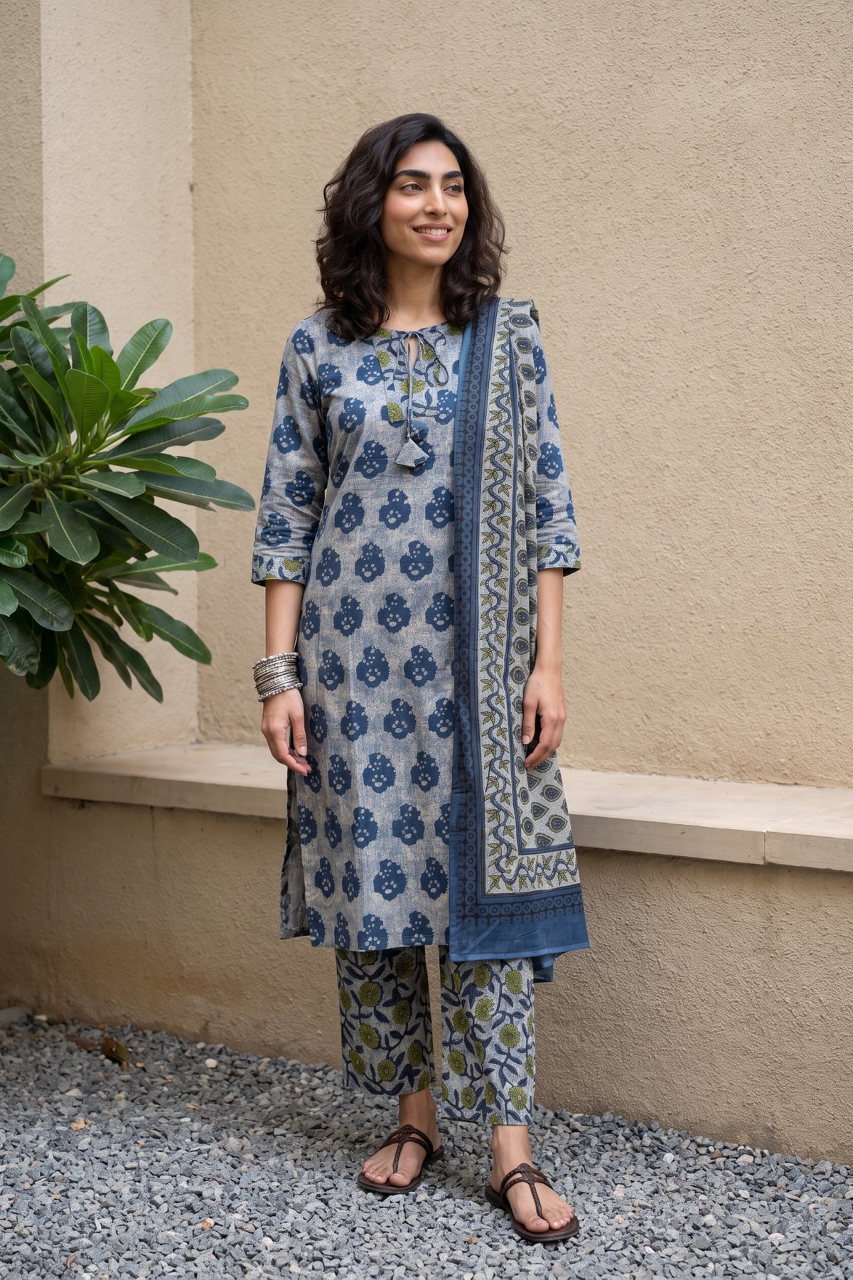 Grey indigo blusher suit set