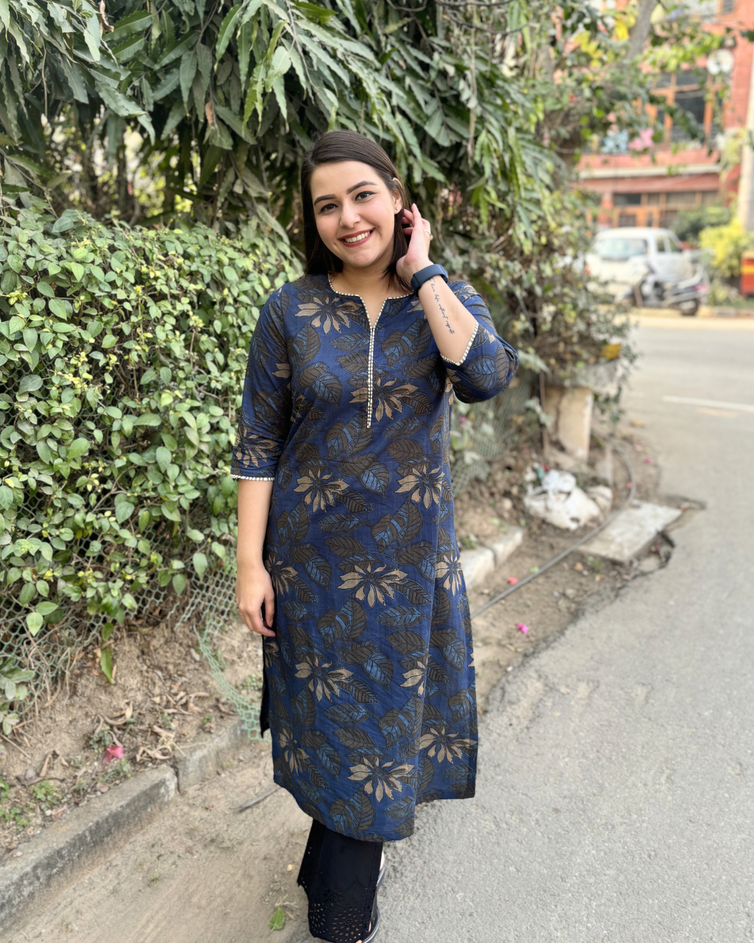 Dark blue overall floral kurta