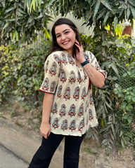 Beige handblock shirt with kantha pocket