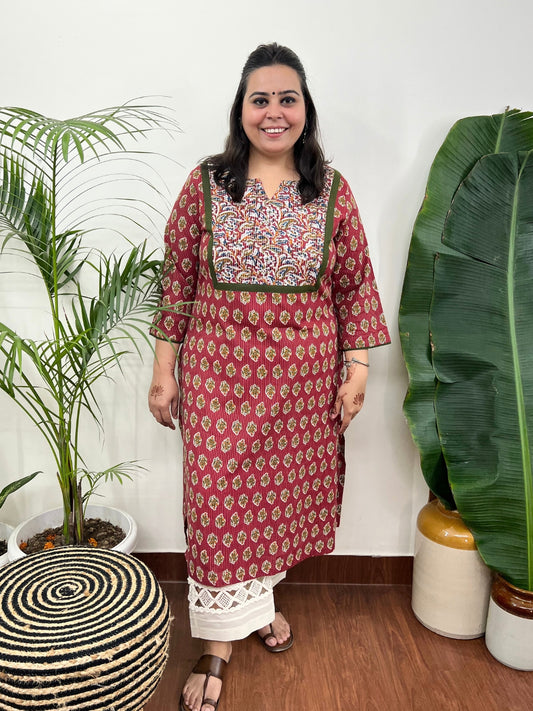 Maroon kantha yoke kurta