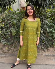 Parrot green ikkat A-line kurta with pocket