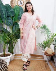 Soft pink fully embroidered kurta