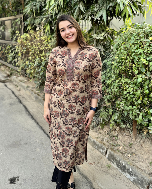 Brown orange flower kurta