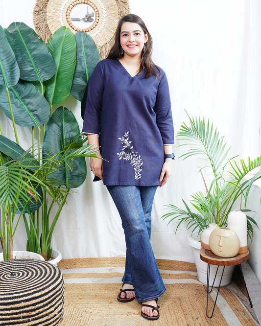 Solid blue embroidered short kurti