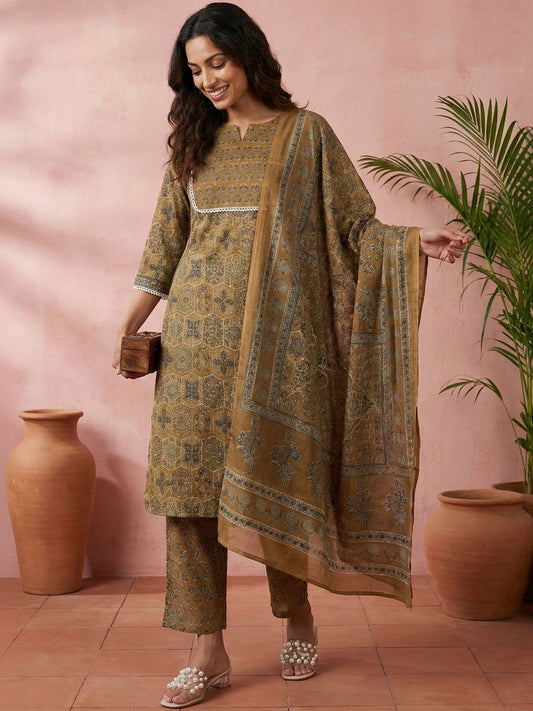 Mustard Ajrakh Cotton Suit Set