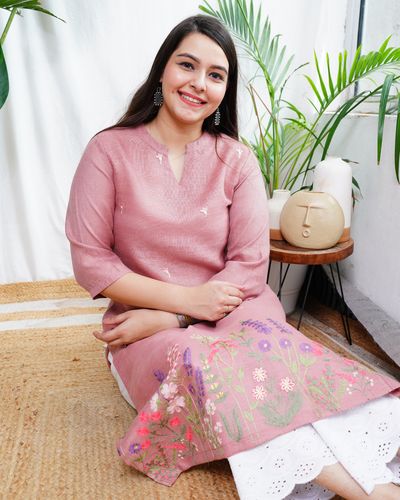 Pink floral embroidered linen kurta