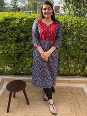 Red Yoke Printed Cotton Kurta