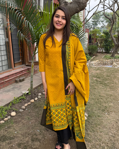 Mustard Ajrakh kurta duppata set