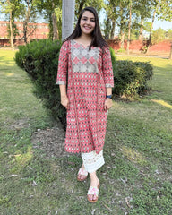 Brick red handblock kurta