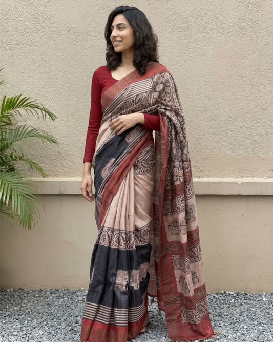 Beige Khadi silk elephant saree