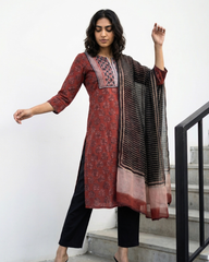 Maroon Handblock printed yoke suit set
