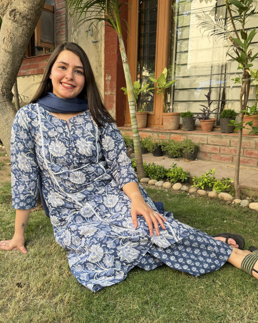Blue sanganeri Aline full suit set