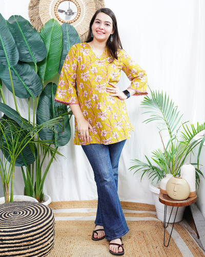 Neon green floral handblock kurti