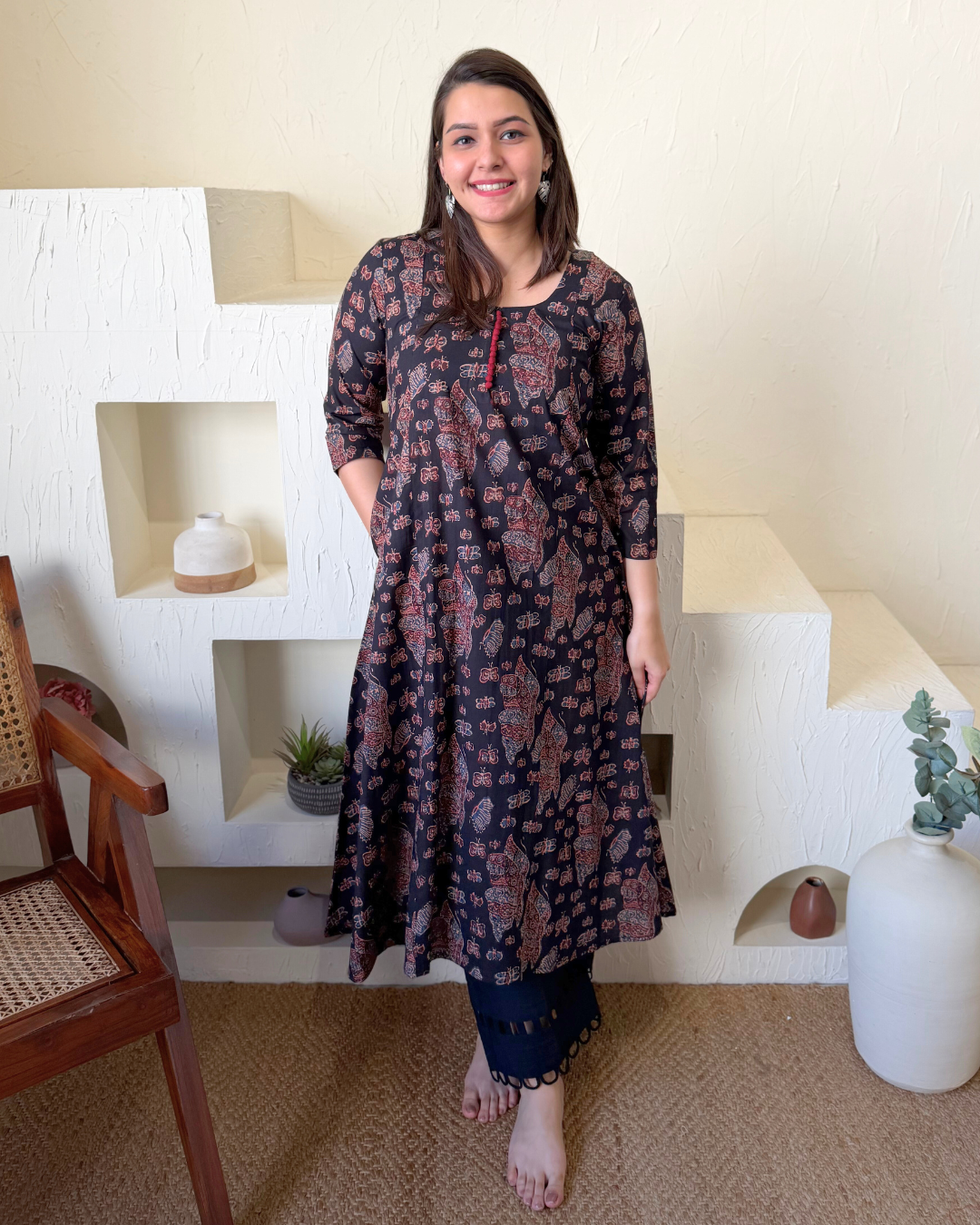 Black Abstract Aline kurta with pocket