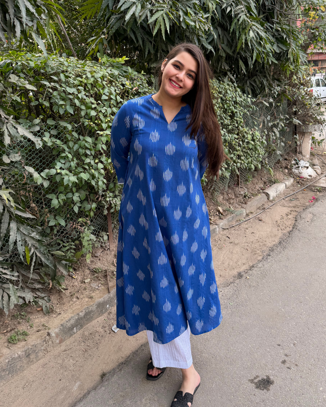 Royal blue ikkat A-line kurta with pocket