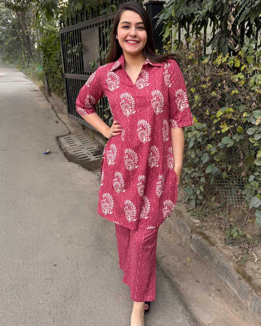 Pink Ambi back pleat coord set