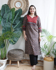 Grey Maroon Geometric yoke kurta