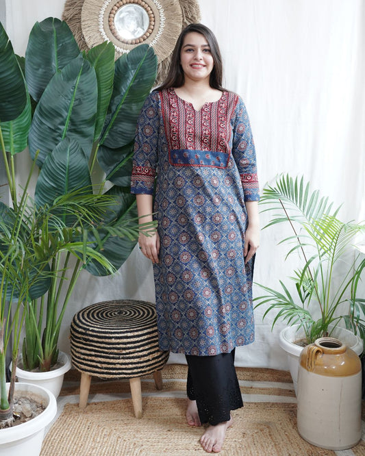 Indigo ajrakh Yoke kurta