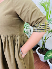 Mehendi Green gather dress with pockets - MYSANSKRITAM