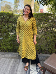 Lime Green Buta Handblock Kurta by Sanskritam
