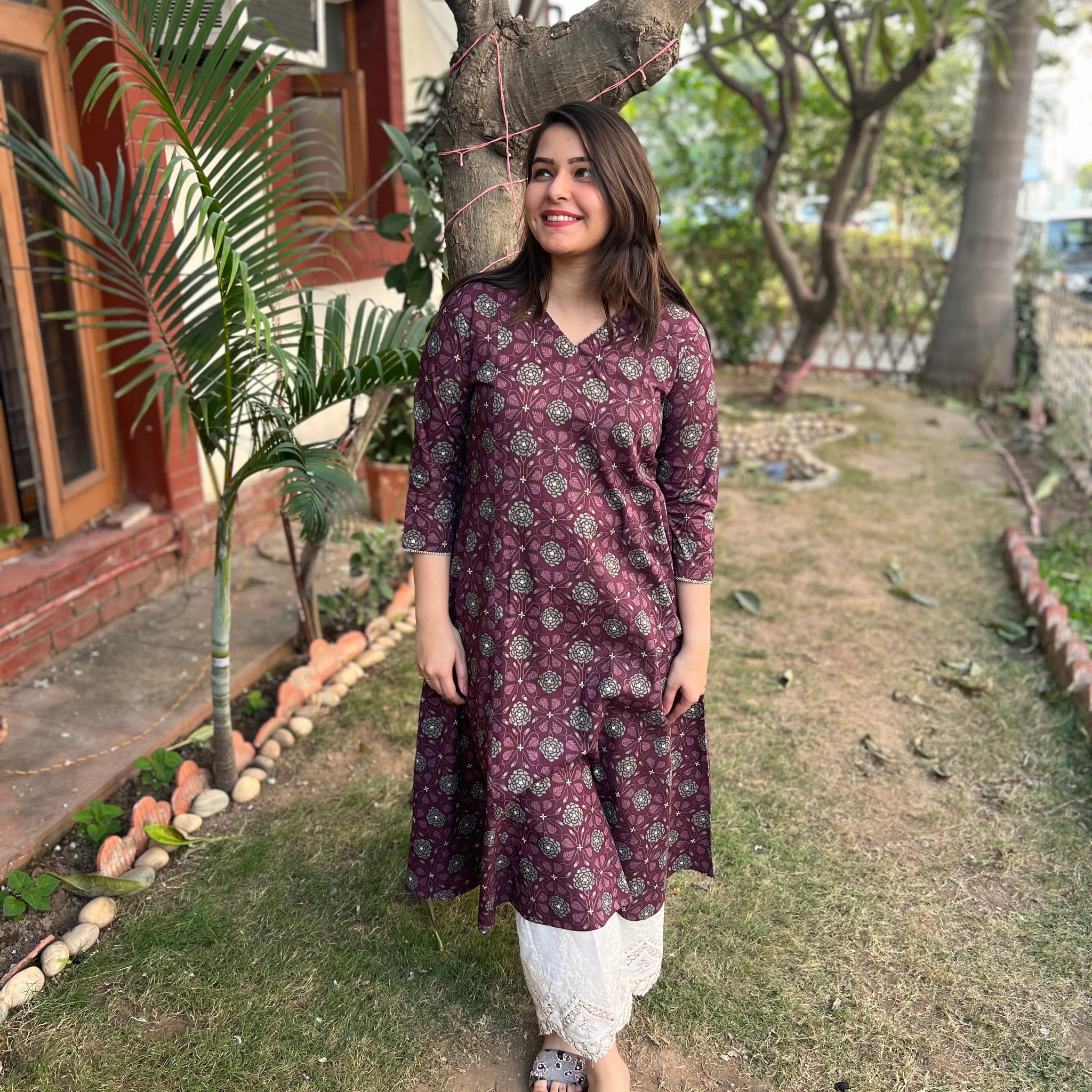 Purple floral A-Line Kurta