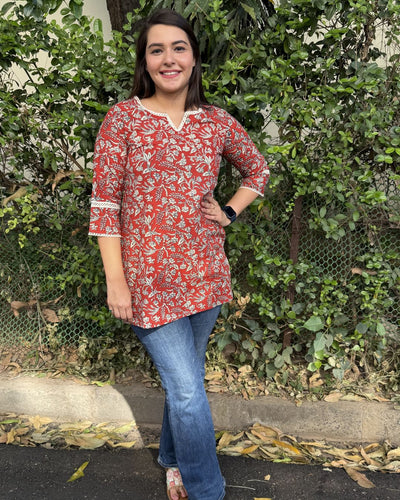 Rust Floral Handblock Short Kurti