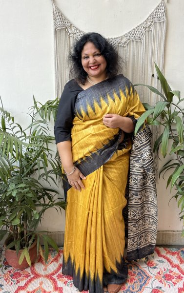 Yellow black Temple border Tussar Silk saree - MYSANSKRITAM