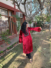 Maroon ajrakh velvet yoke kurta