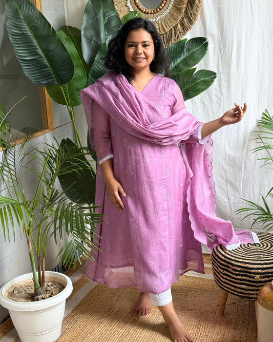 Lavender Buti Mulmul Chanderi Kurta Dupatta Set