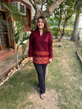 Maroon Kullu border woollen short kurti - MYSANSKRITAM