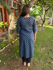 Dark Blue Buti V-neck Kurta from the back by MySanskritam